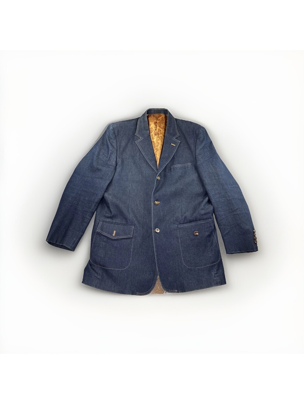 Falcone Men’s Denim Blazer 46L Cotton Blend Jacket Peak Collar Dark Wash